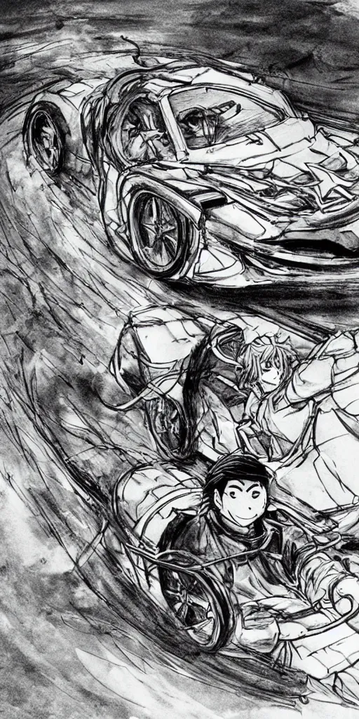 Image similar to a man in a chariot in tokyo, driving fast, drawn like the anime Initial D