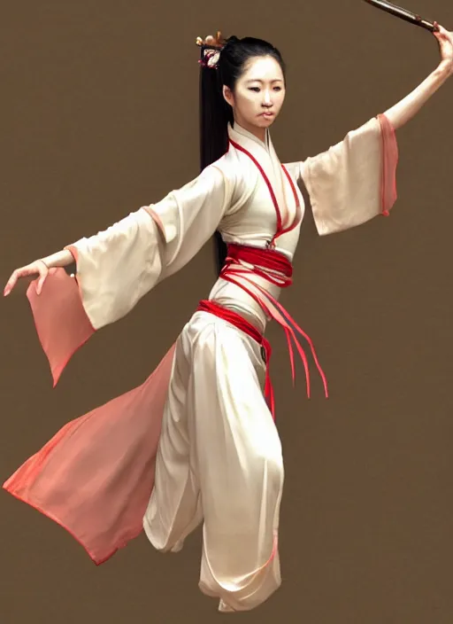 Image similar to a barefoot female dancer using a silk belt as weapon by wlop, wuxia, xianxia, barefoot, tanned skin, athletic, vivacious, absurdly beautiful, hanfu, fully clothed, chinese ribbon dance, silk belt, detailed, realistic, anatomically accurate, artstation, wlop, wang liang.