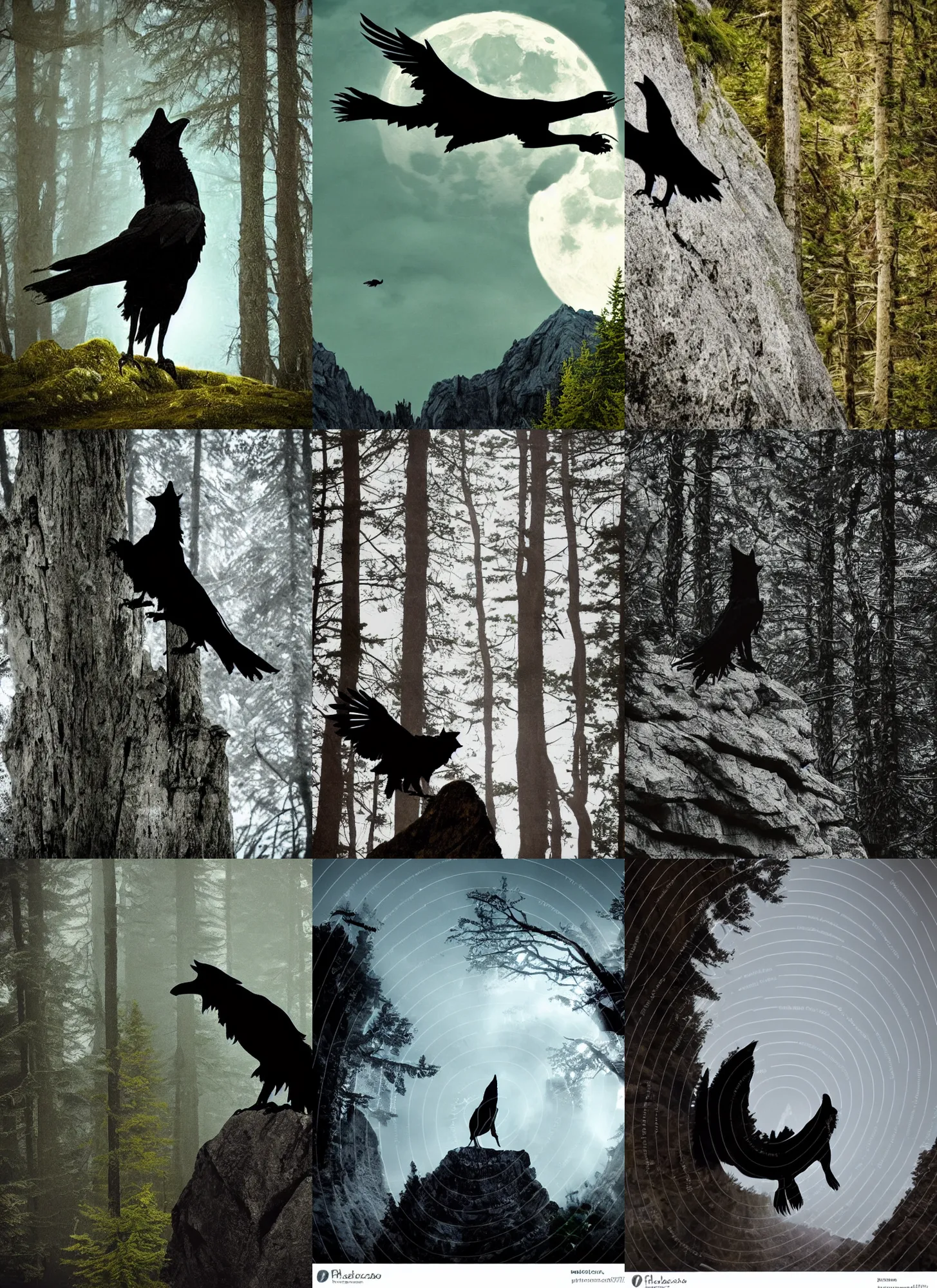 Prompt: A wolf in the shape of a raven perched on a cliff's edge looking straight ahead, intimidating, rays of moonlight illuminating a forest backdrop