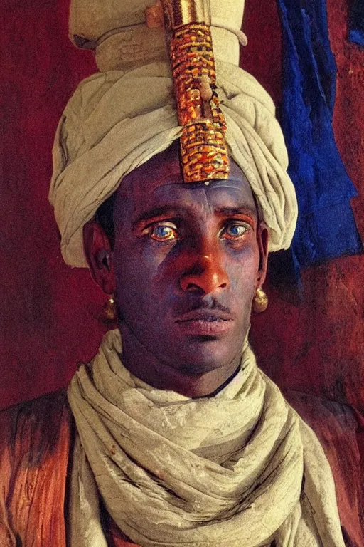 Prompt: a closer hero portrait of a live nubian temple guard with very piercing blue eyes, incredibly charismatic. in old egypt. masterpiece, dramatic light and shadow, saturated colors, ciaroscuro. painted by carl larsson