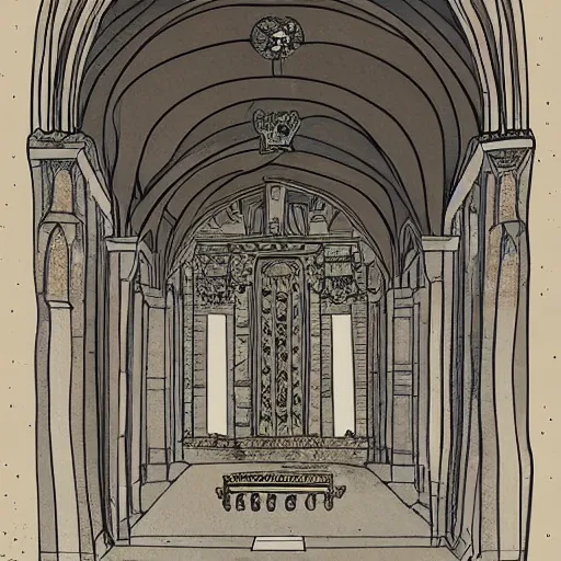 Image similar to ruins of a medieval throne room with all seats replaced by people encased in crystal, perspective from the entrance, dark, handdrawn