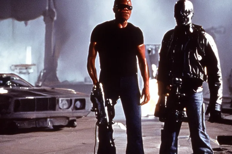 Prompt: Samuel L. Jackson plays Terminator and his endoskeleton is visible, portrait, scene from the film