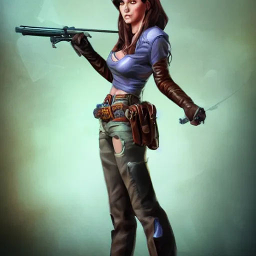 Image similar to full body, female cowgirl, perfect face, long rifle, 8 k, magic the gathering, d & d, artstation