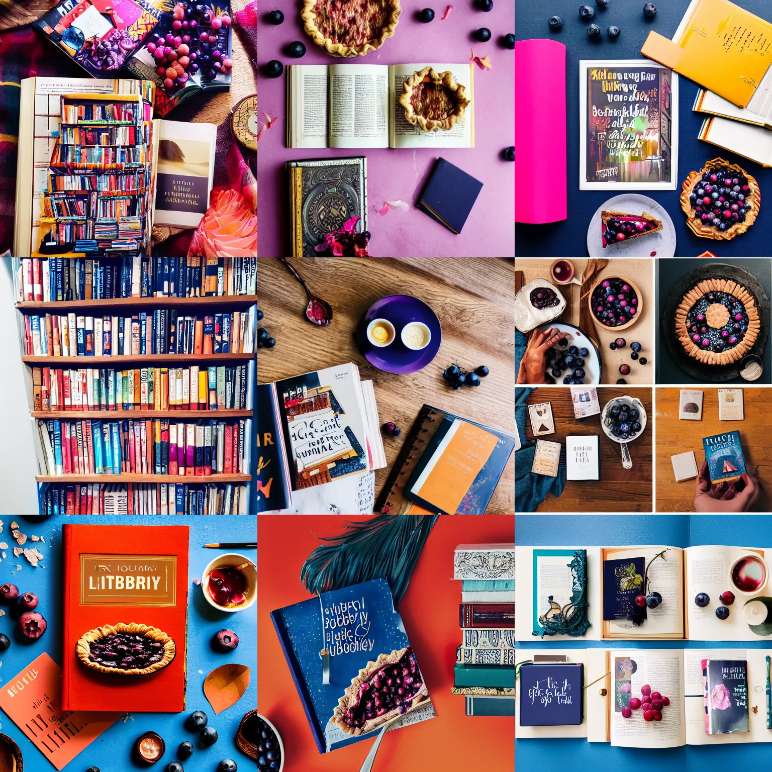 Prompt: flatlay book collection, vivid colors, dramatic lighting, blueberry pie