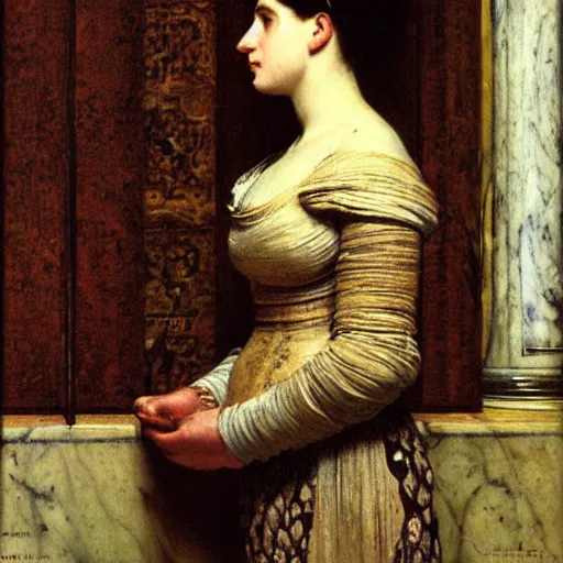 Prompt: a portrait of a female android by sir lawrence alma - tadema