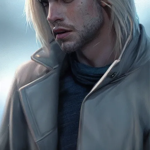 Image similar to hot looking blonde wearing jacket, light stubble, digital art, photorealistoc, art by greg rutkowski, hyperdetailed, western comic style, comic, comic style, sharp lineart, professional lighting, deviantart, artstation, trevor henderson, rossdtaws, cinematic, dramatic