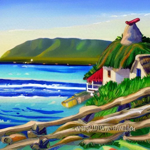 Image similar to A painting of a cozy cottage with a view of the beach