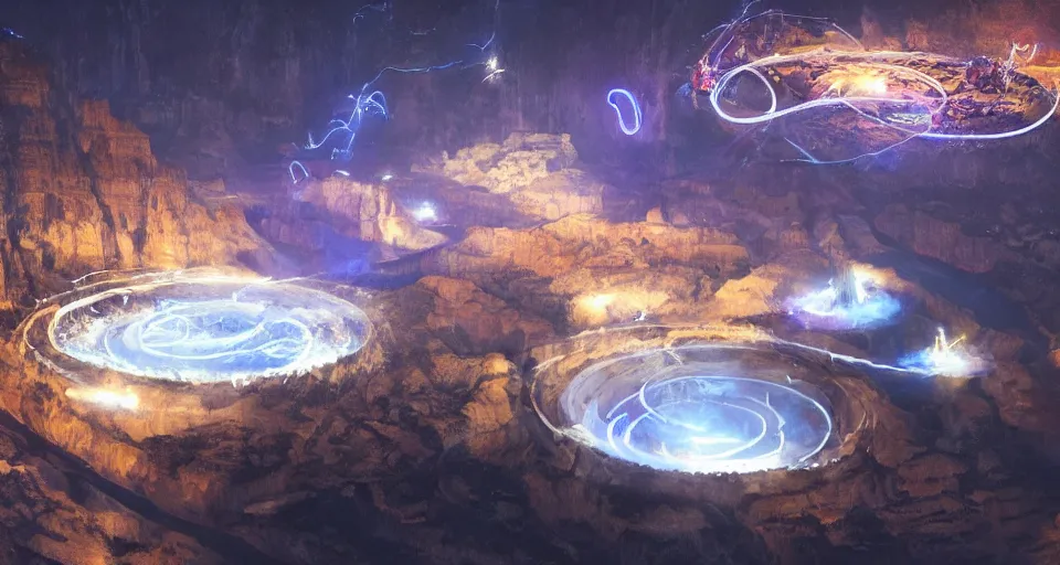 Image similar to night, a lot of people and a spiral - shaped white luminous attractor is floating in grand canyon, concept art, art for the game, professional lighting, art