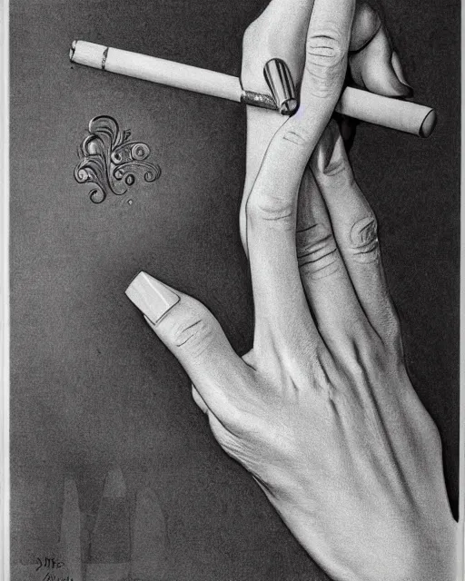 Image similar to drawing lesson, acurate, real, elegant female hand, holding a cigarette with her fingers, elegant up to the elbow, only five fingers, separated, elegant, neat nails, fotorealism, advertisement for a crossover salon, style by Maurits Cornelis Escher, 8k,