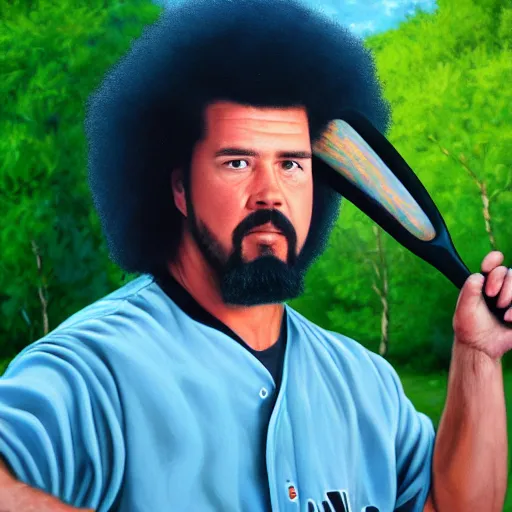 Prompt: a closeup photorealistic photograph of bob ross themed kenny powers playing baseball, a painting on a canvas. mountains and trees. film still. brightly lit scene. this 4 k hd image is trending on artstation, featured on behance, well - rendered, extra crisp, features intricate detail, epic composition and the style of unreal engine.