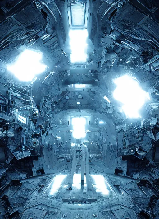 Image similar to symmetry concept art by craig mullins astronaut in futuristic dark and empty spaceship underwater. infrared glowing lights. complex and hyperdetailed technical suit. mandelbulb fractal. reflection and dispersion materials. rays and dispersion of light. volumetric light. 5 0 mm, f / 3 2. noise film photo. flash photography. unreal engine 4, octane render. interstellar movie art