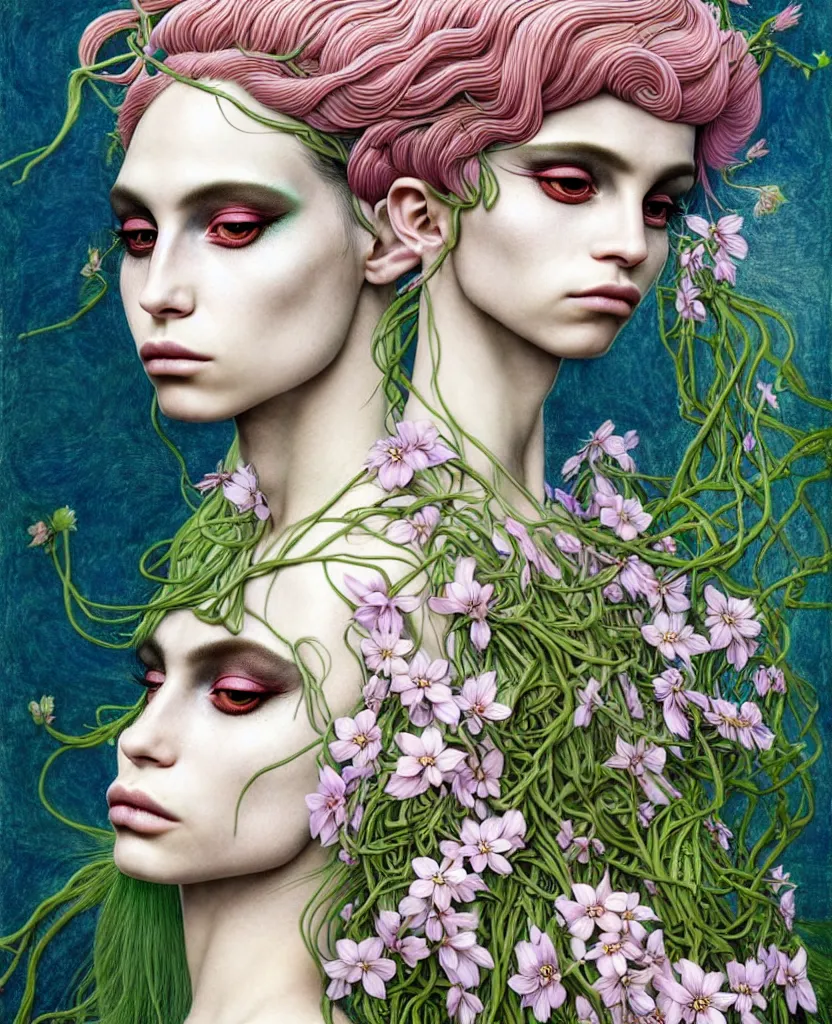 Prompt: the androgynous deity of Spring, 1 figure only, looks a blend of Grimes, Lana Del Rey, Aurora Aksnes, and Zoë Kravitz, made entirely out of flora and fauna, in a style combining Botticelli, Möbius and Æon Flux, surrealism, stunningly detailed artwork, hyper photorealistic 4K, stunning gradient colors, very fine inking lines