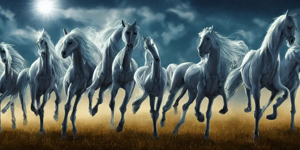 Prompt: a group of cyan spectral transparent ghost skeletal horses with ghastly knights fly overhead in the starry twilight sky, high detail, sharp, digital art