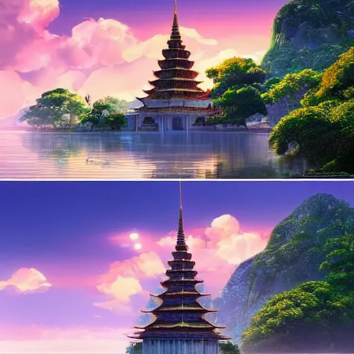 Prompt: Ridley Scott, Raphael Lacoste. sanctuary of truth,surrounded by beautiful water,cinematic epic,traditional ancient thai architecture. Parametric. sea surface. Korean temple. Golden hour. Vibrant. Reflections. Rule of thirds. Hyper-real. Photoreal, style of makoto shinkai