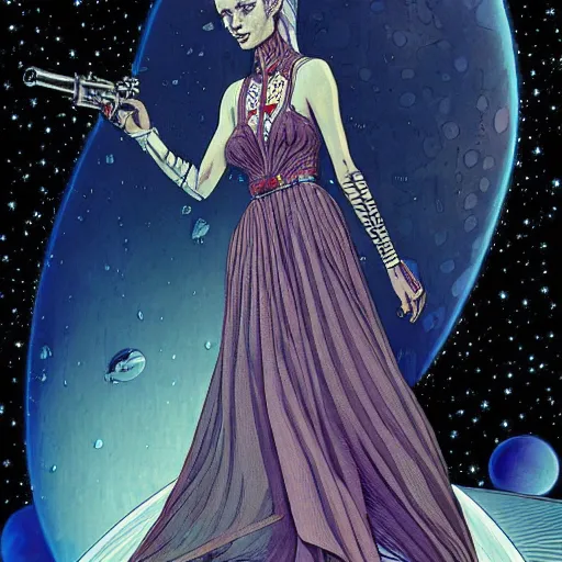 Prompt: dead princess in flowing long dress, in space, broken spaceship in background, futuristic, hi-tech details, style jean giraud, hyperdetailed, dark colors