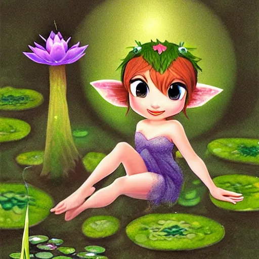 Image similar to tiny mischievous forest fairy spirit darts through the air over a frog pond at night. she is small, like tinker bell. the spirit a cute chibi dryad. magic swirls in the air. the spirit grins with glee. the frogs are large and croak loudly by the lilypads. by kevin walker, by greg staples, by daarken, by terese nielsen,