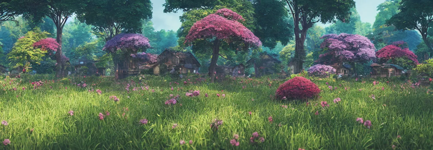 Image similar to large central crimson - black beehive in a beautiful forest meadow village landscape, flowers, happy trees, photorealistic, octane render, rtx, hdr, unreal engine, digital art widescreen 8 k, studio ghibli, bob ross, pixar, bee movie, disney