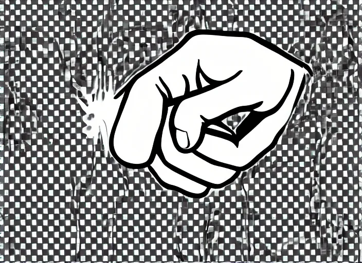 Prompt: black and white clip art of a man\'s hand bursting through a gray paper backdrop, palm up, fine detail