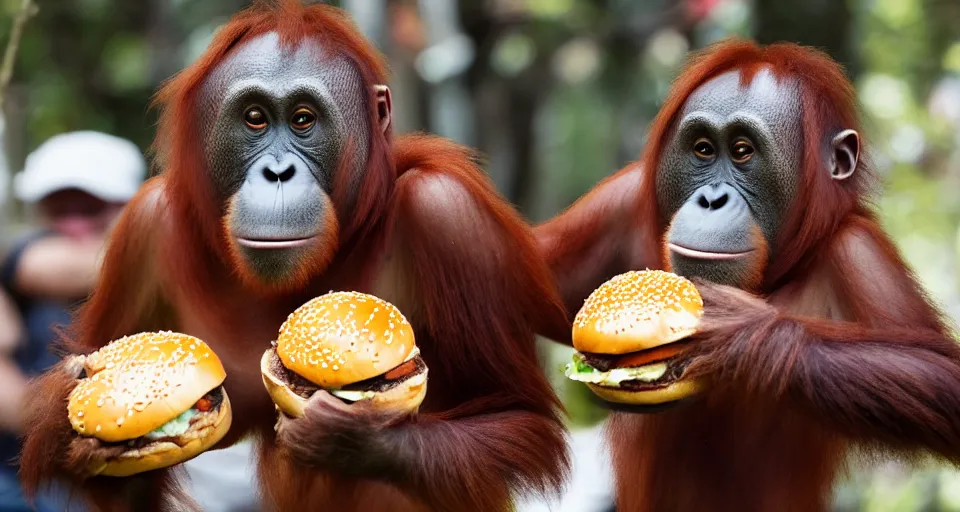 Image similar to an orangutan holding a burger in one hand and a drink in the other