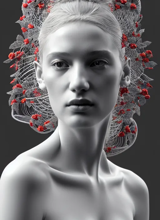 Image similar to complex 3d render ultra detailed of a beautiful porcelain profile young woman face, biomechanical cyborg, 200 mm lens, beautiful studio soft light, rim light, silver white gold red details, magnolia big leaves monochromatic and stems, roots, fine foliage lace, mesh wire, Alexander Mcqueen high fashion haute couture, art nouveau fashion embroidered, intricate details, hyper realistic, ultra detailed, mandelbrot fractal, anatomical, facial muscles, cable wires, microchip, elegant, octane render, H.R. Giger style, black eyes, plump lips, volumetric lighting, 8k post-production, trending on Artstation