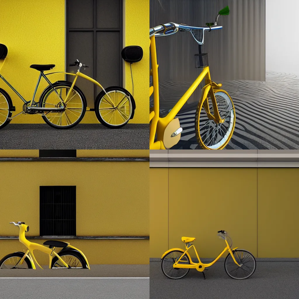 Prompt: a yellow bike is parked against a yellow wall, a computer rendering by emiliano ponzi, pexels contest winner, cubo - futurism, vray tracing, physically based rendering, octane render