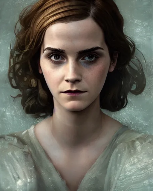 Image similar to bioshock portrait of emma watson, au naturel, hyper detailed, digital art, trending in artstation, cinematic lighting, studio quality, smooth render, unreal engine 5 rendered, octane rendered, art style by klimt and nixeu and ian sprigger and wlop and krenz cushart.