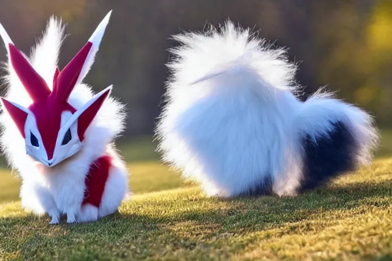 Image similar to real life zangoose pokemon, cute!!!, heroic!!!, adorable!!!, playful!!!, fluffly!!!, happy!!!, cheeky!!!, mischievous!!!, ultra realistic!!!, autumn, clear weather, ( golden hour ), sharp focus