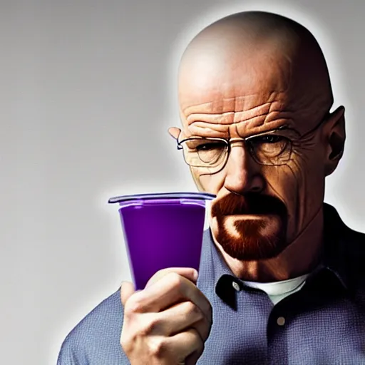 Image similar to walter white drinking a purple liquid in a Styrofoam cup