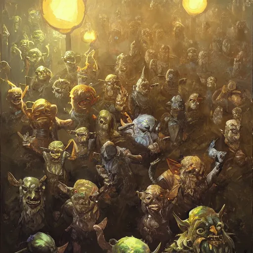 Image similar to Oil painting of a group of goblins, portrait, D&D, Magic The Gathering, by Craig Mullins, Nekro, Victo Ngai, centered, symmetrical, volumetric lighting