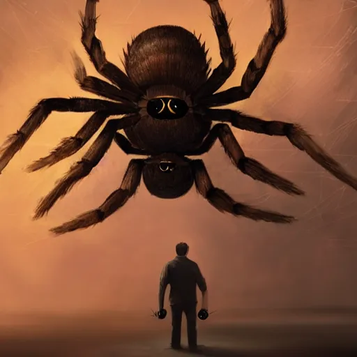 Prompt: a man standing in front of a giant spider, foggy scene. concept art by jason a. engle, cgsociety, fantasy art, concept art, lovecraftian, apocalypse art.