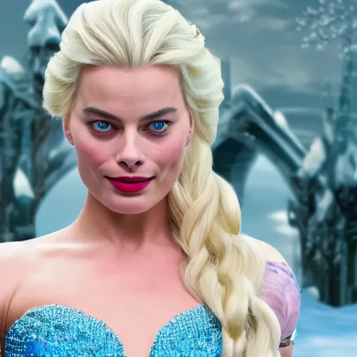 Image similar to Margot Robbie as Elsa in disney frozen live action, 8k full HD photo, cinematic lighting, anatomically correct, oscar award winning, action filled, correct eye placement,