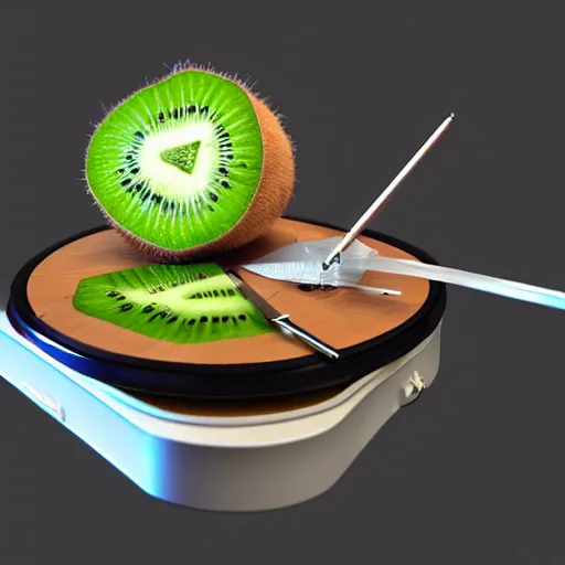 Image similar to a funny turntable with a needle on top of kiwi slice, a low poly render by tim biskup, featured on polycount, computer art, sketchfab, rendered in maya, voxel art