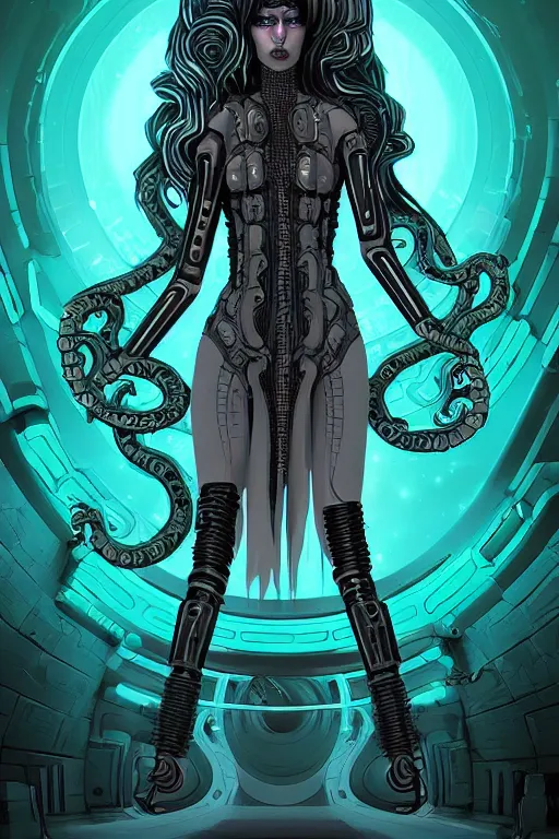 Image similar to A cinematic surreal smooth matte digital art illustration in the style of a sci-fi RPG comic book cover of a perfectly-centered hyperdetailed symmetrical portrait of a cyberpunk fierce Medusa in a long cosmic lovecraftian dress. Her hair is made of large ravepunk snakes. She's next to otherworldly towers in a sci-fi bionic landscape, 3D rim light, masterpiece, Gsociety, artstation