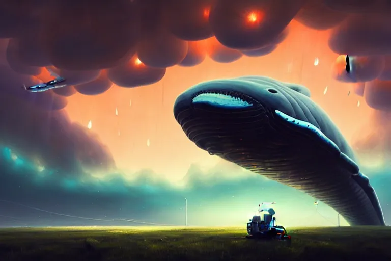 Image similar to an astronaut sitting on a giant whale with eerie mammatus clouds on the dark sky, cinematic lighting, insanely detailed, intricate, artstation, cgsociety, painted by Simon Stalenhag and Gediminas Pranckevicius, concept art, illustration, sharp focus,