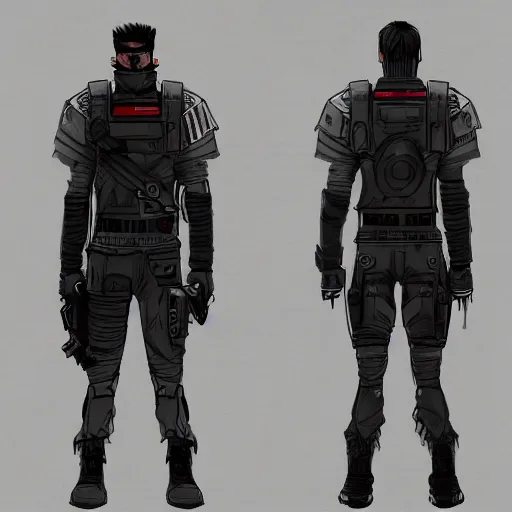 Image similar to ryan church jon mccoy concept art sketch cyberpunk solider black cloth character reference sheet