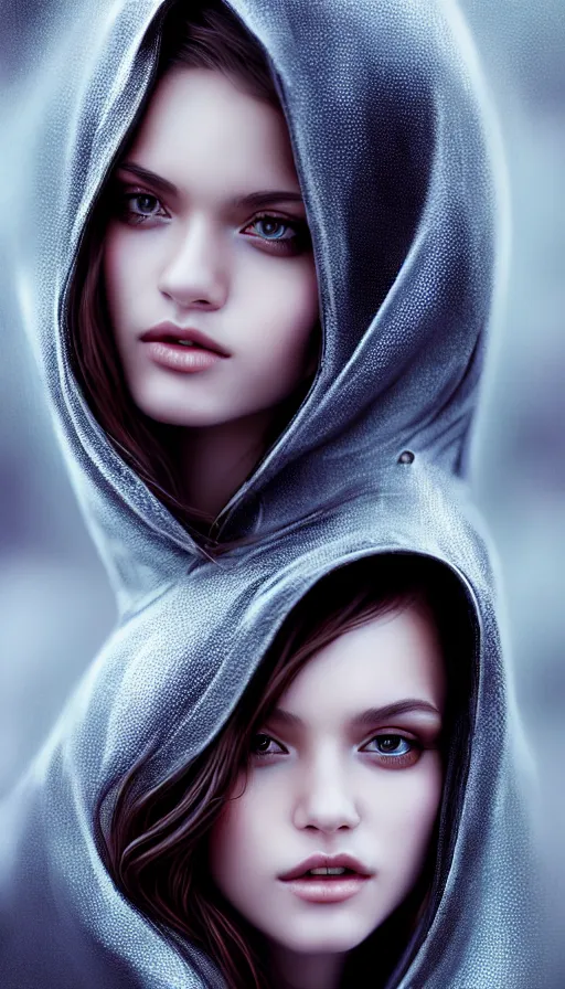 Image similar to photo of a gorgeous young girl hooded in the style of stefan kostic, realistic, sharp focus, 8k high definition, high fashion, vogue, insanely detailed, intricate, elegant, art by stanley lau and artgerm, sigma 85mm art