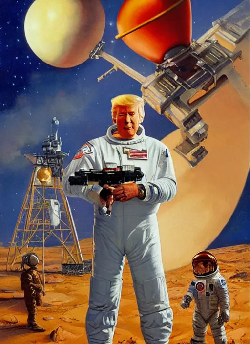 Image similar to painting of donald trump astronaut on mars holding a ray gun by norman rockwell, by drew struzan, high res