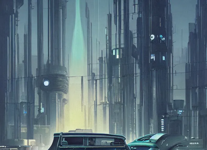 Image similar to a car driving down a street next to tall Forest-1 the night, cyberpunk art by Chesley Bonestell, cgsociety, retrofuturism, matte painting, reimagined by industrial light and magic