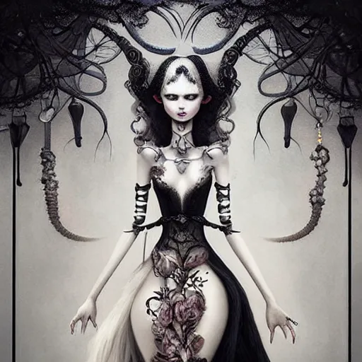 Prompt: By Tom Bagshaw, ultra realist soft painting of a curiosities carnival ornaments spikes and tentacles by night, very beautiful female dollpunk in full gothic dress and black eyes, symmetry accurate features, very intricate details, omnious sky, black and white, volumetric light clouds