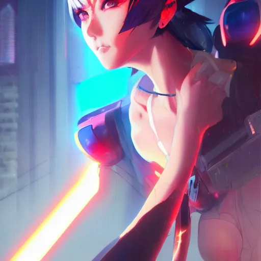 Prompt: digital cyberpunk anime character concept art gorgeous small female android cyborg - angel glowing red left eye and glowing blue right eye large angelic wings, wlop, rossdraws, sakimimichan, ilya kuvshinov, krenz cushart, greg rutkowski.
