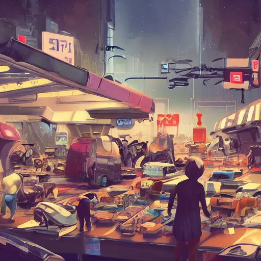 Prompt: busy sci - fi flea market by pu hua, artstation contest winner