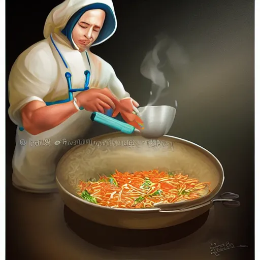 Image similar to A shrimp chef preparing a dish of rice, digital art, detailed