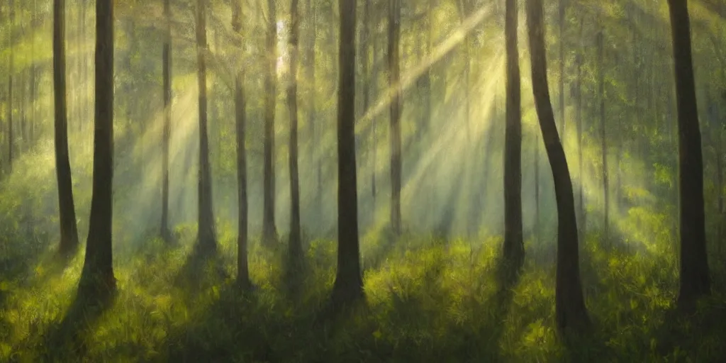 Prompt: An oil painting of an intensely beautiful forest in the morning with vertical trees; rays of light coming through the canopy; trending on artstation; extraordinary masterpiece!!!!!!