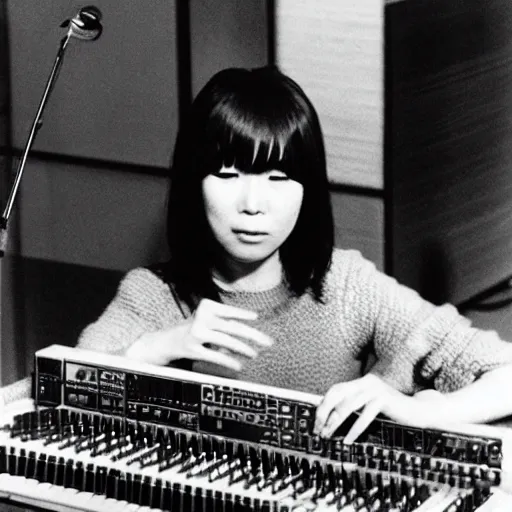 Image similar to 1 9 7 0 s photo of a female japanese musician playing a vintage modular synthesizer, hazy, faded