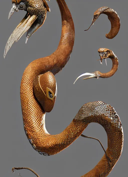 Image similar to Aspis a fantasy charater Proto-Slavic mythology, a winged snake with two trunks and a bird's beak. Aspis is invulnerable to conventional weapons, it cannot be killed with a sword or arrow, but can only be burned, full body, detailed and realistic, 4k, top-artstation, octane render