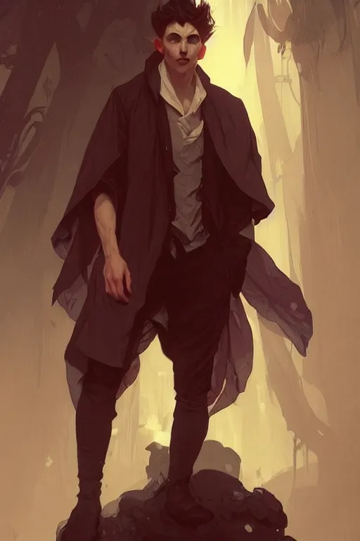 Prompt: portrait of a beautiful young fit male vampire with curly white hairs and yellow eyes, dressed with urban clothes, by greg rutkowski and alphonse mucha, d & d character, gradient white to red, modern nocturnal background, highly detailed portrait, digital painting, artstation, concept art, smooth, sharp focus ilustration, artstation hq