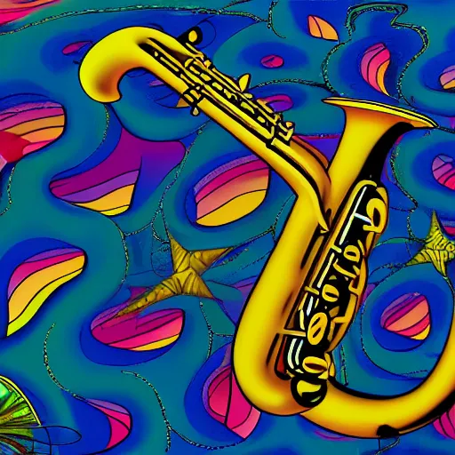 Image similar to Lisa Simpson falling into a giant saxophone, psychedelic art, uhd, matte painting