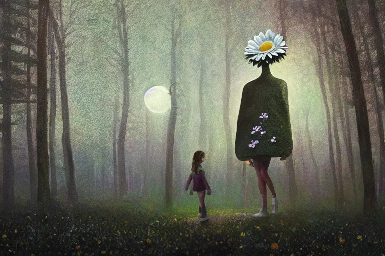 Image similar to giant daisy flowers head, girl walking in dark forest, surreal photography, dark night, stars, moon light, impressionist painting, clouds, digital painting, artstation, simon stalenhag