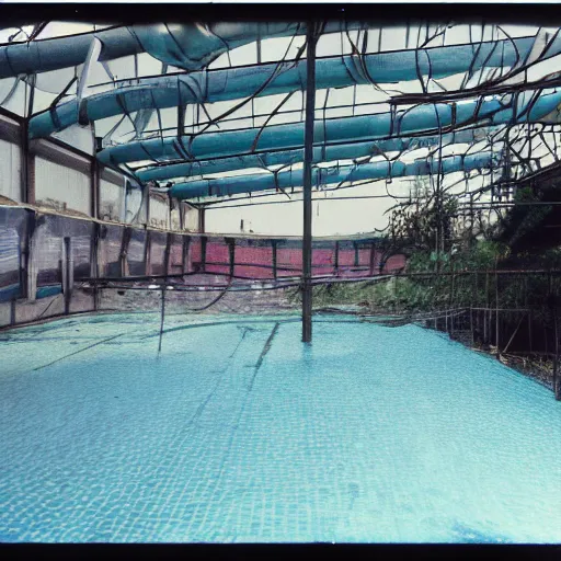 Image similar to a photo of an abandoned water park from the 1 9 9 0 s, disposable film