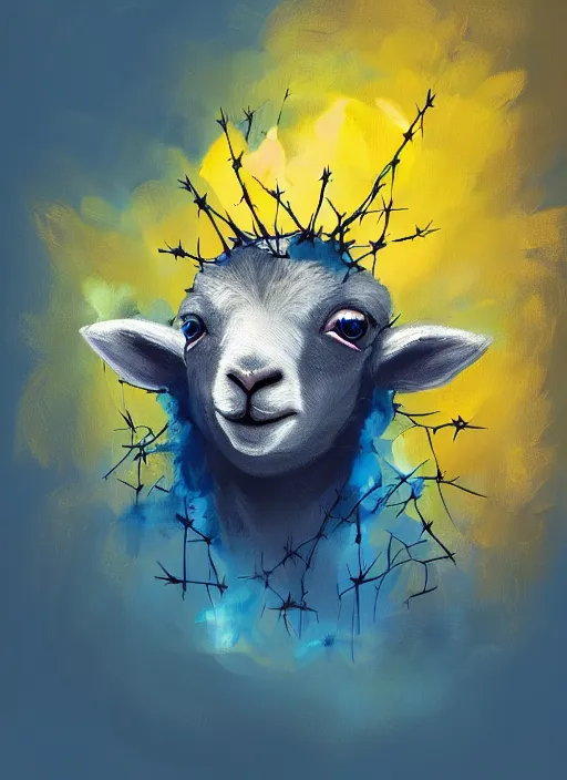 Image similar to a painting of a lamb's face with blue and yellow smoke coming out of, wearing a crown of thorns, a digital painting by petros afshar, behance contest winner, digital art, behance hd, digital illustration, digital painting